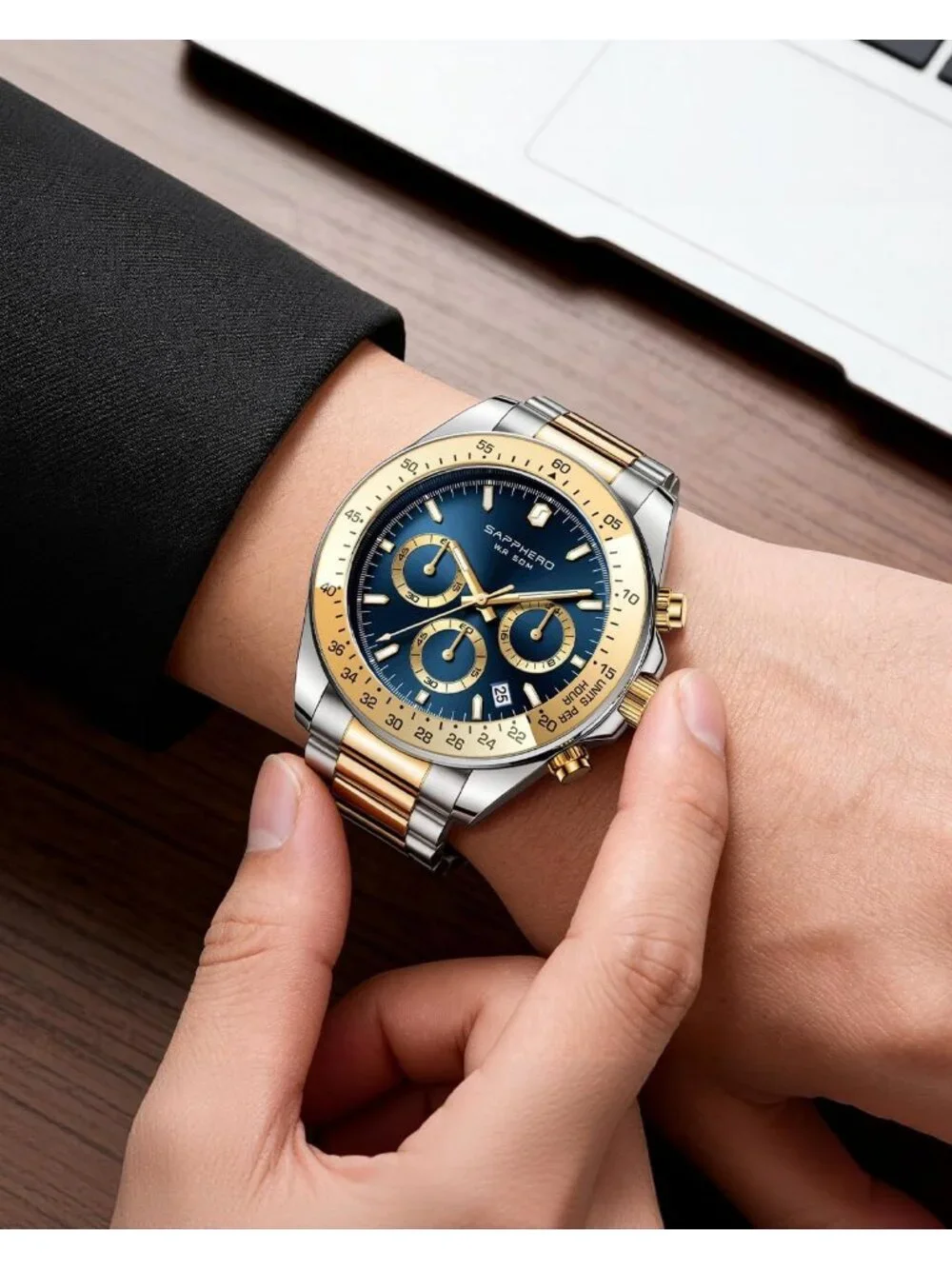 Men's Gold Silver Strap Blue Quartz Chronograph Stainless Steel Waterproof Watch